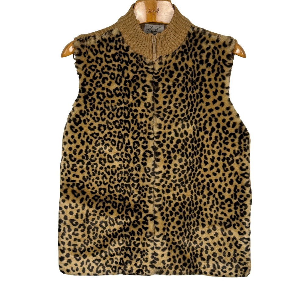 Kathie Lee Collection Faux Fur Leopard Print Vest Large Brown Ribbed Knit Zip